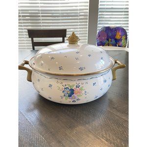 Vinatge Enamelware Pot With Lid Flral Blue and Pink Flowers 10.25 Diameter 4 in